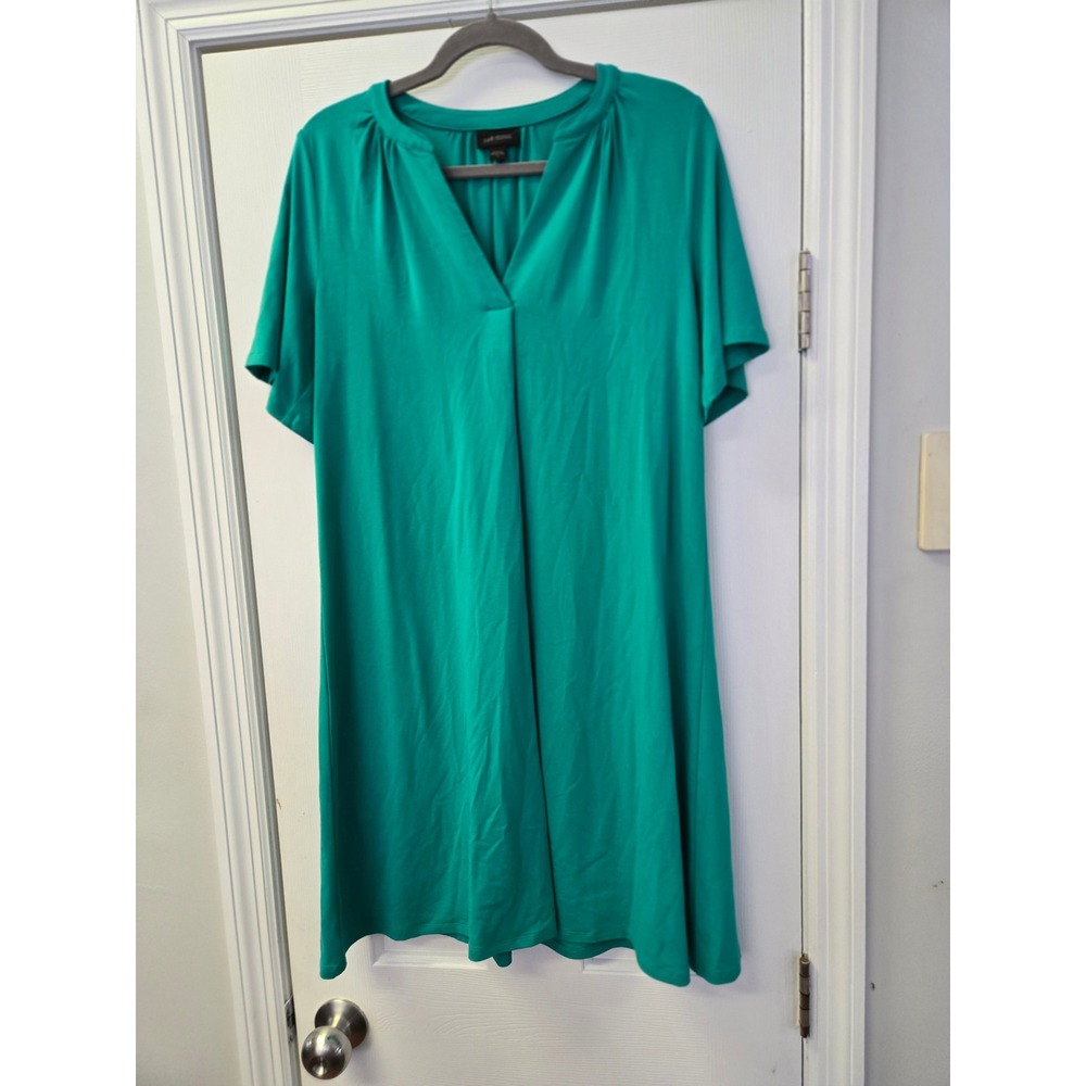 J.Jill Wearever Green Short Sleeve Split Neck Jersey Shift Dress Minimalist S